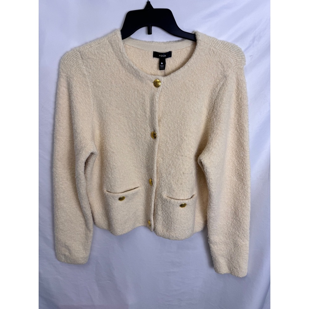AQUA Boucle Knit Cropped Cardigan Gold Button Pockets Cream Size L‎ - Picture 5 of 9